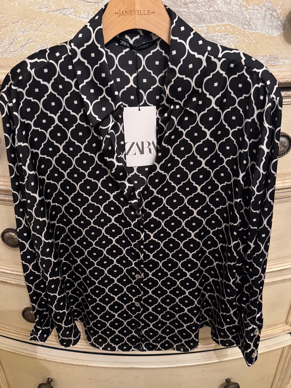 Zara Black and White Geometric Button-Down Shirt